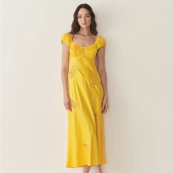 Doen Dresses & Skirts - Doen Gwendolyn Silk Lace Short Sleeve Midi Maxi Dress Daylily Yellow Gold